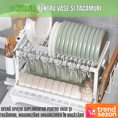 Uscător de Vase Supraetajat cu Suport pentru Tacâmuri și Pahare — Eleganță și Funcționalitate! 🍽️✨