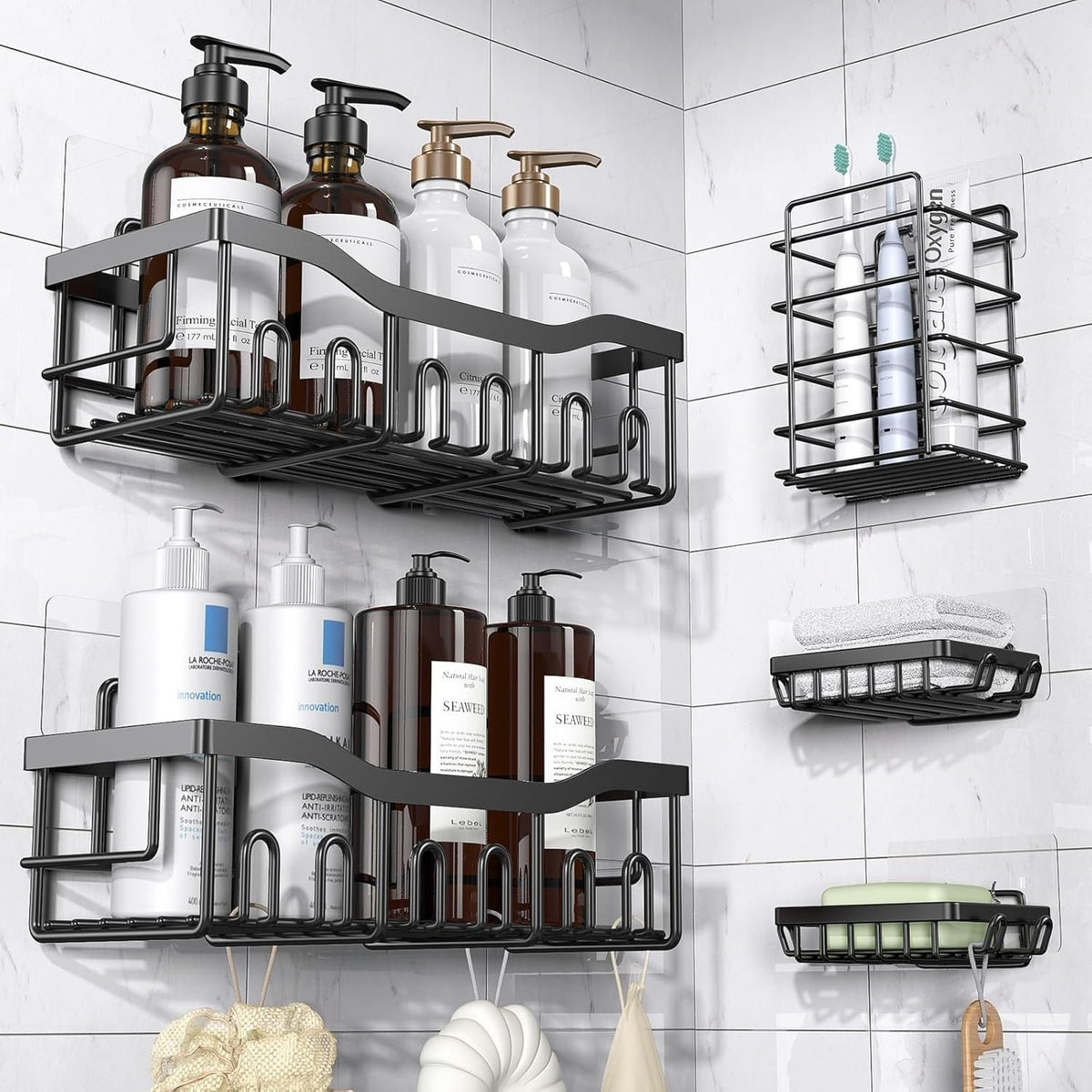 Set 5 Rafturi Organizatoare Din Inox Negru — Eleganță și Utilitate 🎉🛁