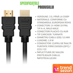 Cablul HDMI Premium 4K Ultra HD 1.8m — Conectivitate De Vârf ⚡️🎮