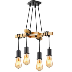 Lustra Suspendată Vintage din Lemn Natural și Metal Negru — Stil Retro pentru Casa Ta ✨💡