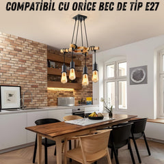 Lustra Suspendată Vintage din Lemn Natural și Metal Negru — Stil Retro pentru Casa Ta ✨💡