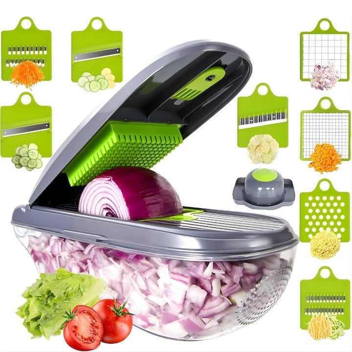 Tocator Multifuncțional 12 în 1 cu 8 Lame Inox — Preparare Rapidă! 🍅🥕
