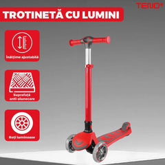 Trotinetă Roșie cu 3 Roti și Lumini LED — Distracție și Siguranță pentru Copii 🚦✨