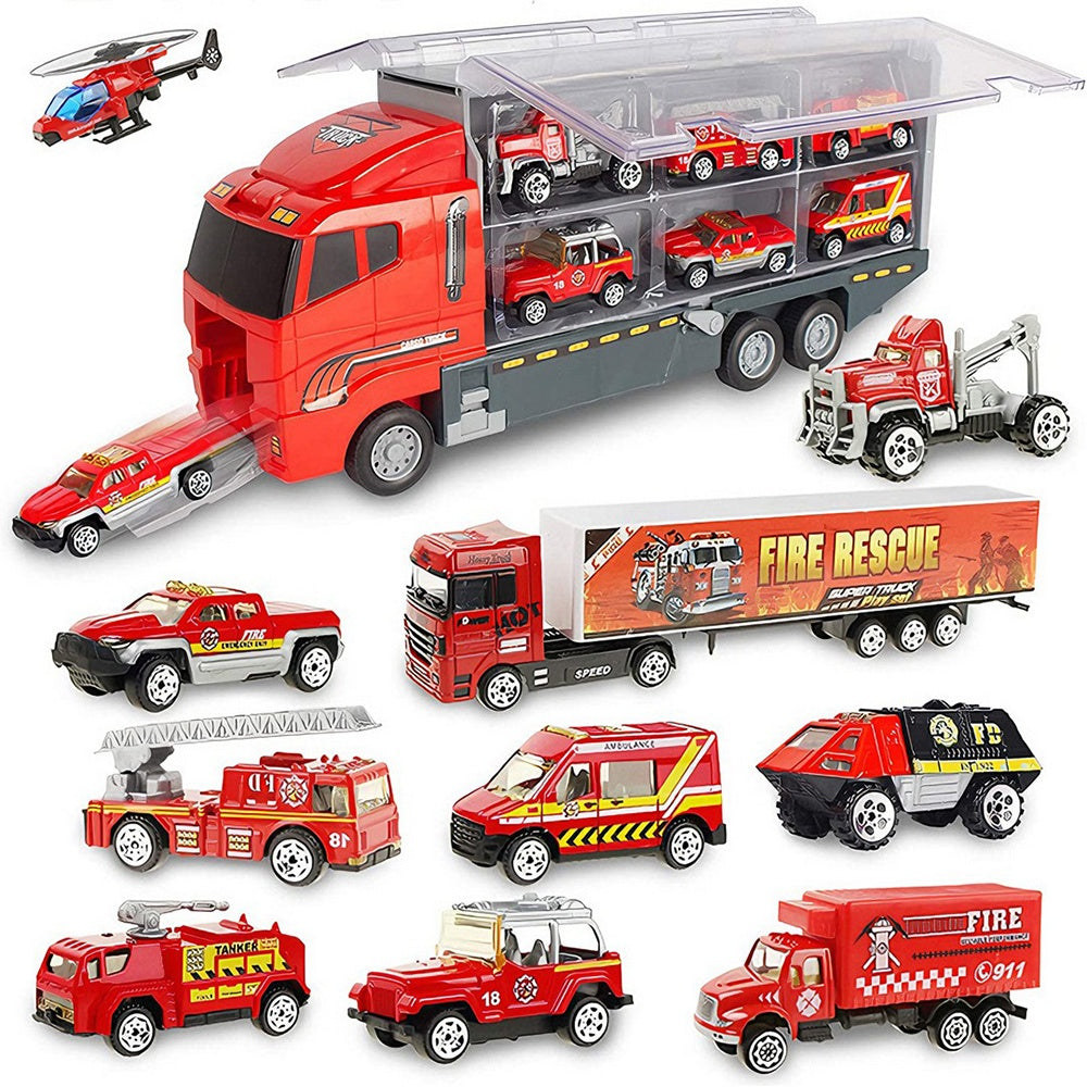 Set Camion Transport Pompieri cu 10 Masinute 🎉🚒 — Distracție Garantată!