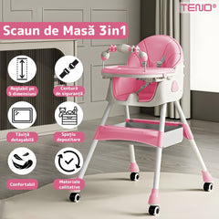 Scaun de Masă 3 în 1 pentru Bebeluși cu Centură în 5 Puncte — Confort și Siguranță roz 🌸👶