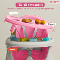 Scaun de Masă 3 în 1 pentru Bebeluși cu Centură în 5 Puncte — Confort și Siguranță roz 🌸👶