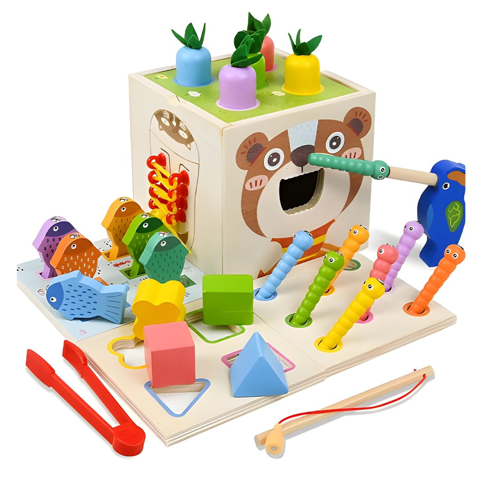 Cub Montessori Educativ din Lemn cu Legume și Pescuit — Dezvoltare Cognitivă 🌟🧩