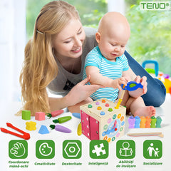 Cub Montessori Educativ din Lemn cu Legume și Pescuit — Dezvoltare Cognitivă 🌟🧩