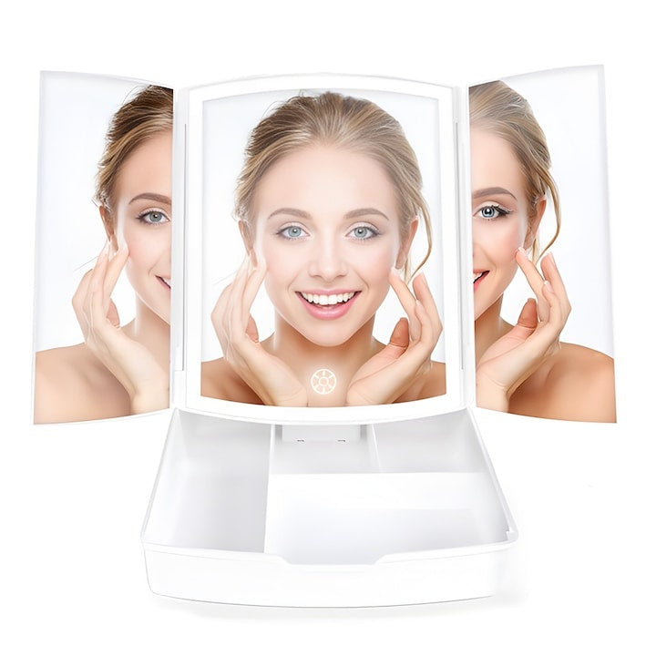 Oglindă Cosmetică LED Pliabilă cu Suport de Machiaj — Iluminare Perfectă 🌟✨