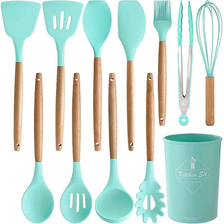 Set Ustensile Bucătărie 12 Piese Silicon Alimentar Turcoaz — Gătit cu Stil! 🍳✨
