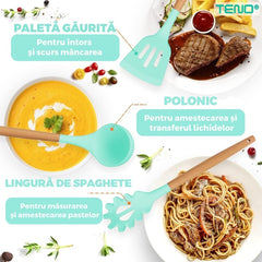Set Ustensile Bucătărie 12 Piese Silicon Alimentar Turcoaz — Gătit cu Stil! 🍳✨