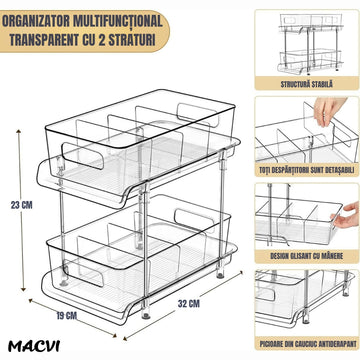 Organizator frigider Macvi® slide-out 2 nivele, transparent, sertare glisante, separatoare detasabile, 33x23x19 cm