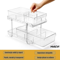 Organizator frigider Macvi® slide-out 2 nivele, transparent, sertare glisante, separatoare detasabile, 33x23x19 cm