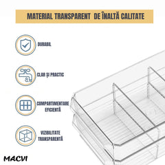 Organizator frigider Macvi® slide-out 2 nivele, transparent, sertare glisante, separatoare detasabile, 33x23x19 cm