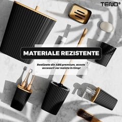 Set 5 Accesorii de Baie Teno®, dispenser de sapun, suport de periute, perie de toaleta, suport sapun, detalii din bambus, materiale rezistente, design minimalist, negru