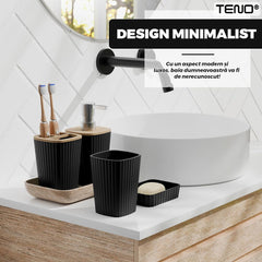 Set 5 Accesorii de Baie Teno®, dispenser de sapun, suport de periute, perie de toaleta, suport sapun, detalii din bambus, materiale rezistente, design minimalist, negru